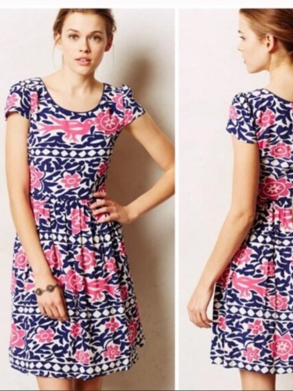 Anthropologie Maeve Peralta blue pink bird floral print Dress 6